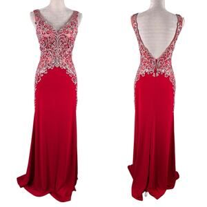 Jovani Prom Evening Gown Red 6 Beaded V-Neck  Back Zip Lined